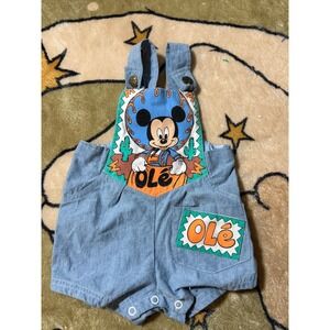 Vintage Disney Mickey Mouse Ole Baby Shortall Overalls Light Wash Denim Romper